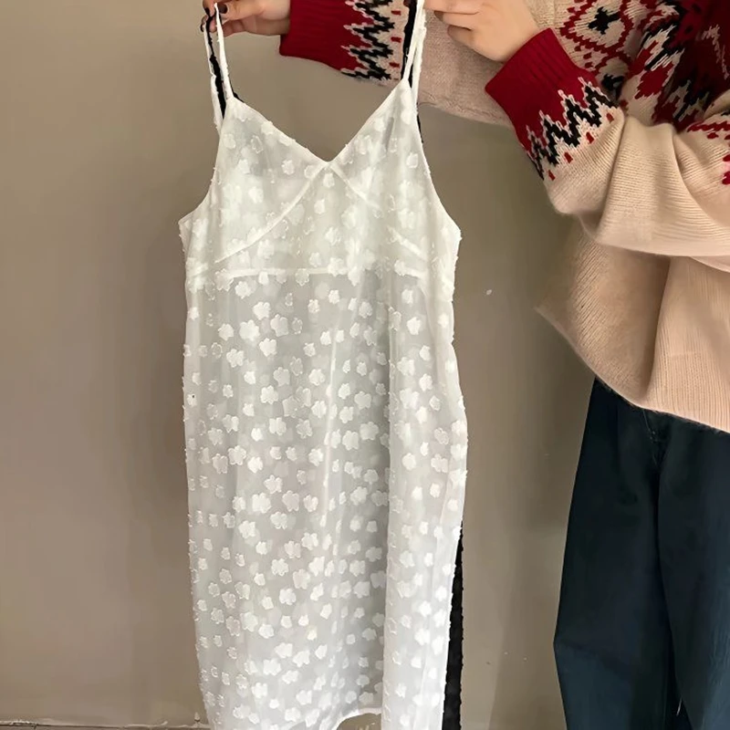 Floral jacquard preto branco chiffon deslizamento vestido primavera verão feminino com decote em v sem mangas vestido em camadas uma peça midi vestido coreano