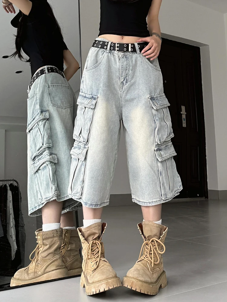 

Джинсы-кюлоты с высокой талией и широкими штанинами, женские, в уличном стиле, свободного кроя, с множеством карманов, рабочие шорты, модные джинсовые повседневные брюки