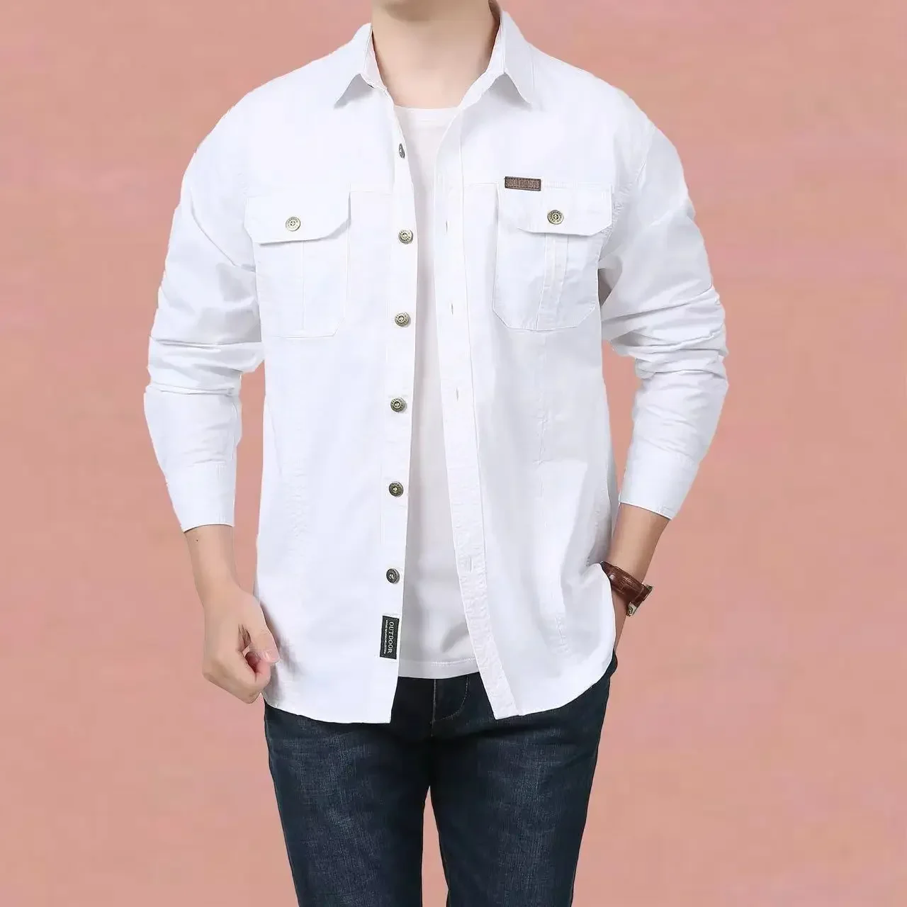 Men Loose Long-sleeved Shirt. New Solid Color Shirt for Middle-aged and Young People in Europe and America in Spring and Autumn