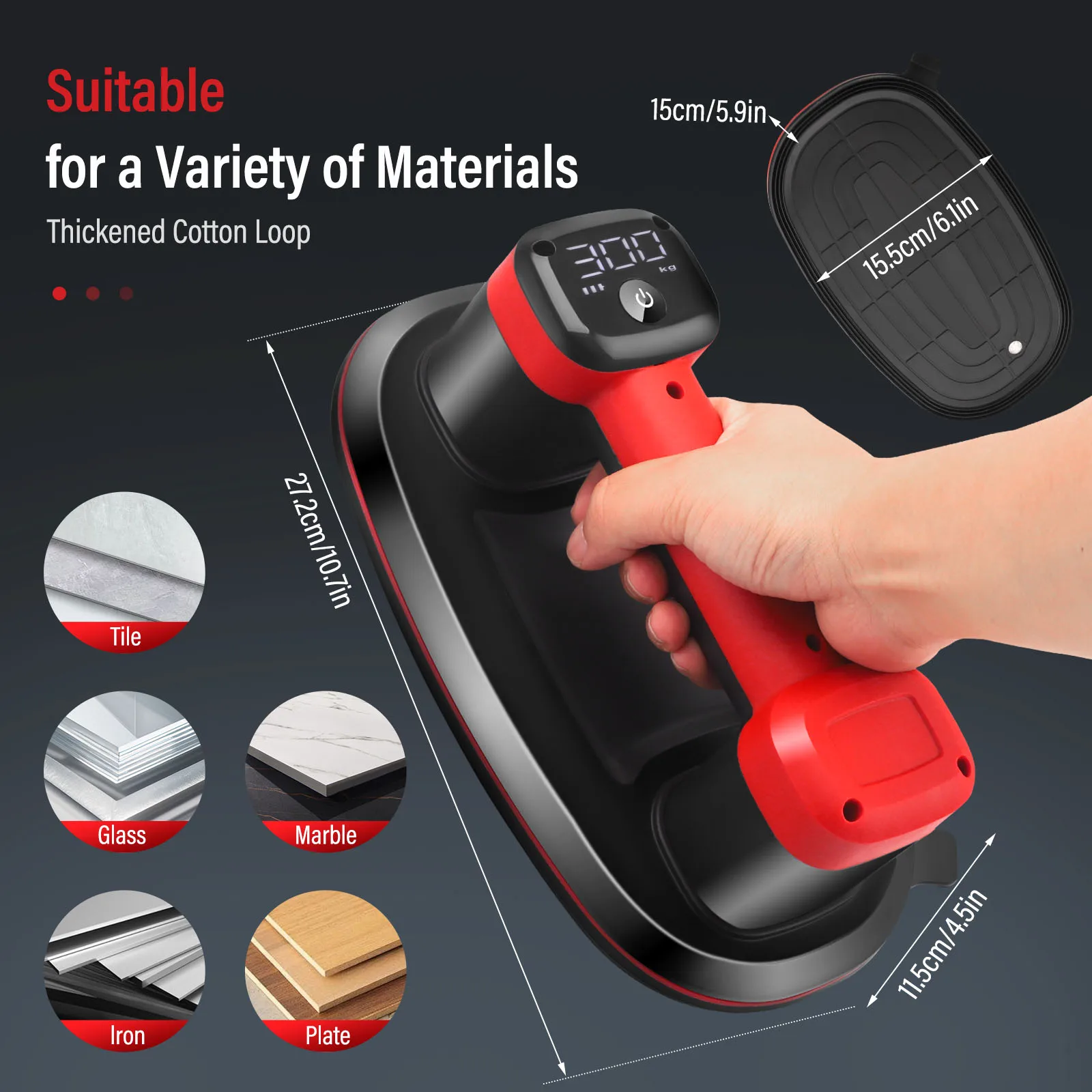 Lève-objets à ventouse pour carreaux, verre et marbre - 2 moteurs, puissance d'aspiration de 300 kg, écran LCD, batterie de 4500 mAh, longueur de 26 cm, jusqu'à 12 heures d'autonomie - Convient également aux surfaces rugueuses