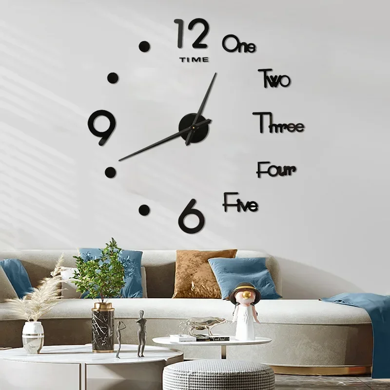 English alphabet clock simple large size digital wall clock living room home self-adhesive acrylic mirror wall clock