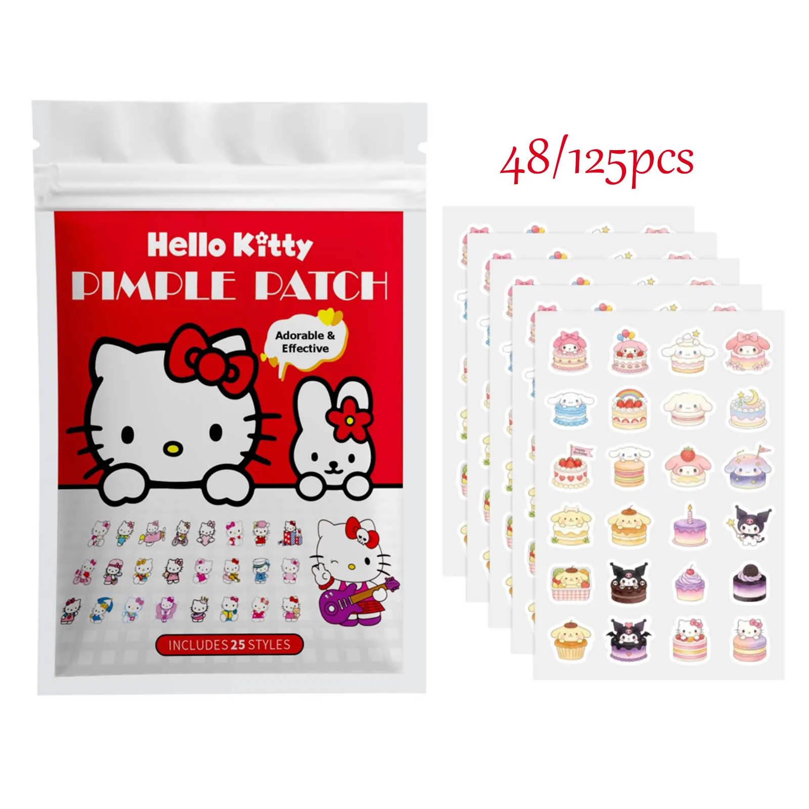 48/125PCS Cute Soft Hello Kitty Facial Cover Stickers, Adorable Clear Hydrogel Spot Patches
