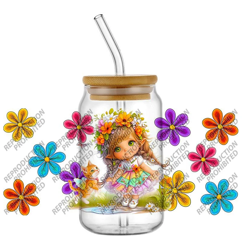 

Exclusive Flower cartoon girly Waterproof DIY Decals 3D Transfers Stickers 16oz UV DTF for Glasses cup Wraps