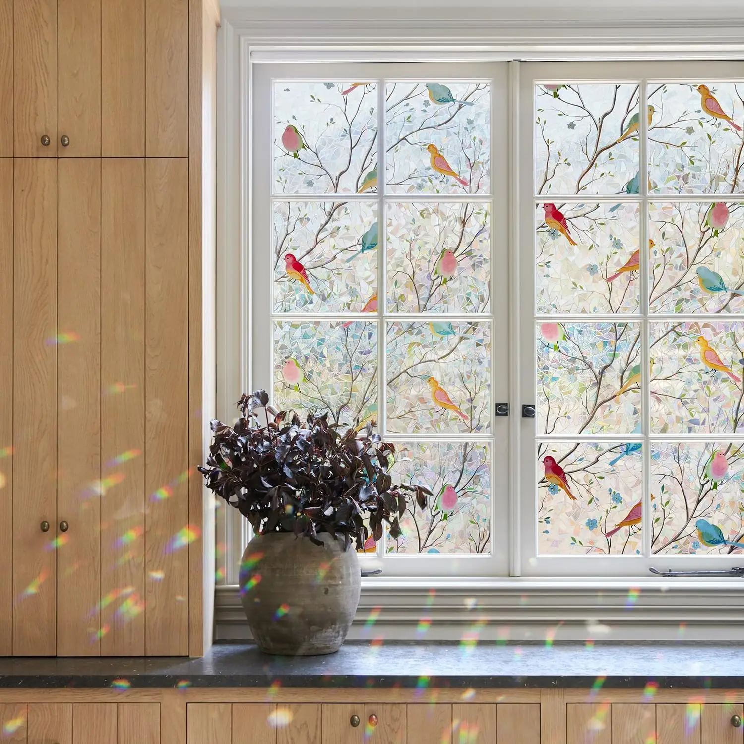 Rainbow Bird Tree Stained Glass Window Privacy Film, Static Cling Removable Decal, UV Blocking Decorative Window Cover for Home