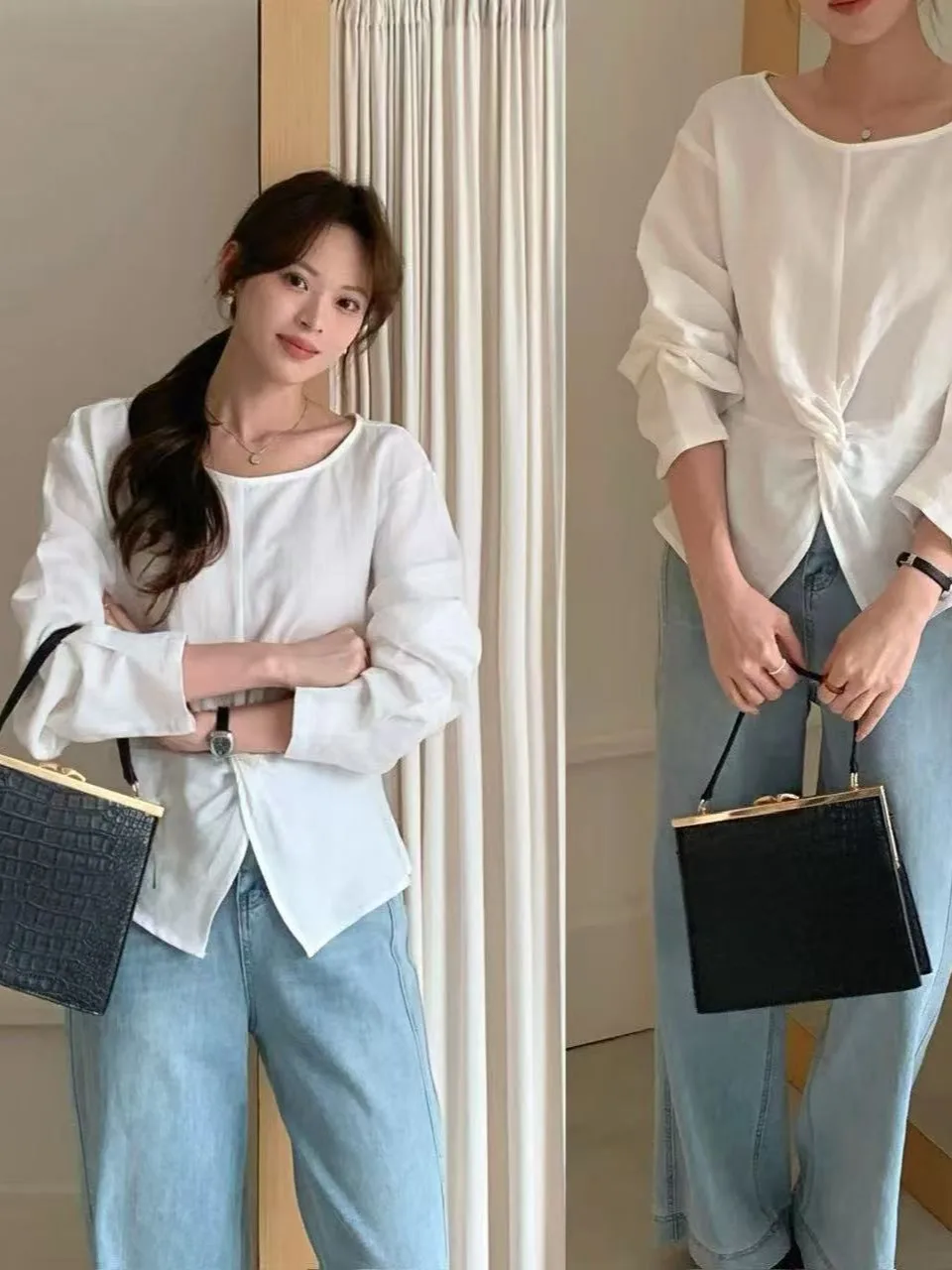 

Ele Cross-Band Design Women's White irt Korean Sle Chic Small ence Spring Autumn Trend Bubble Sve Long irt