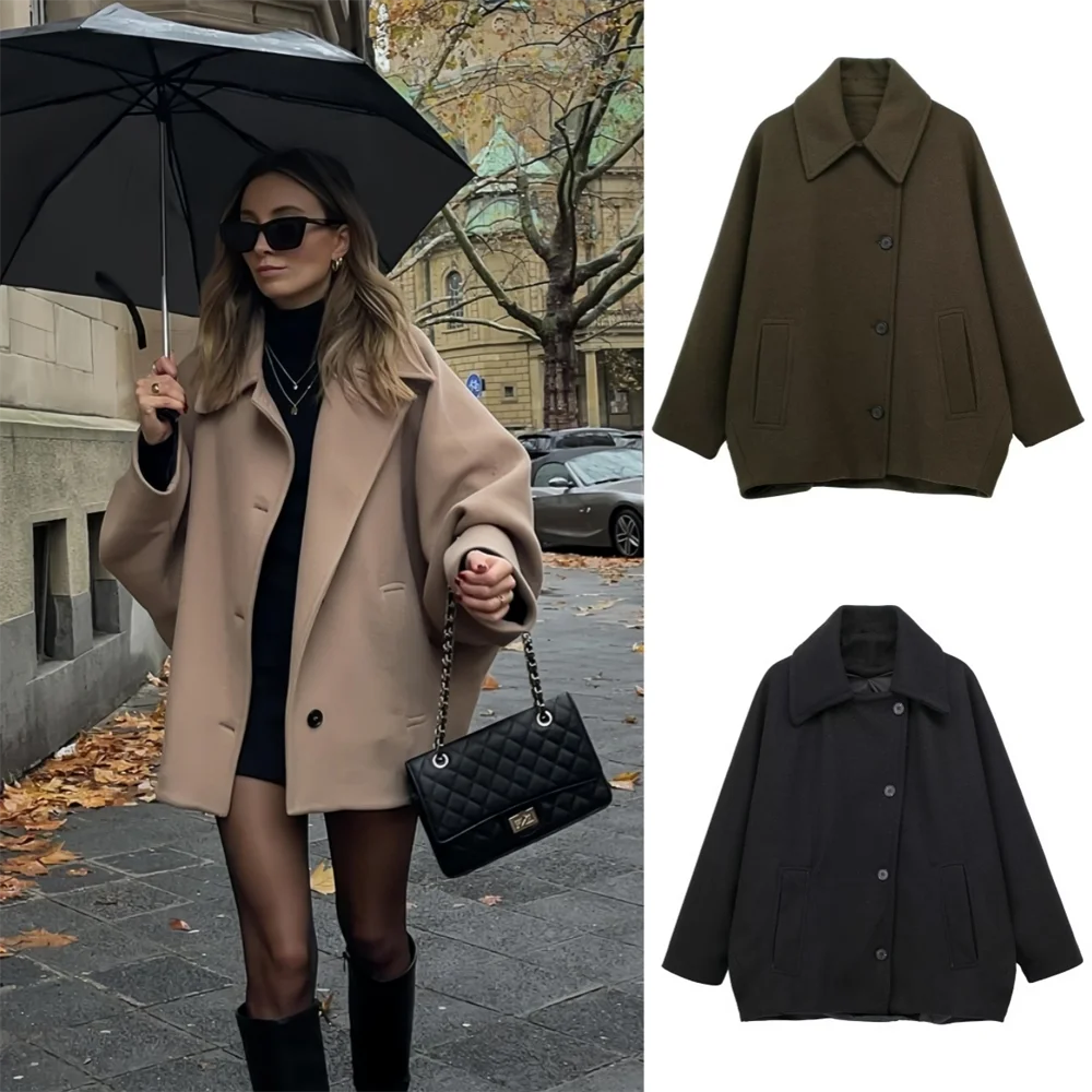 PB&ZA2024 Autumn New Women's Fashion Casual Loose Solid Color Collar Single breasted Pocket Decoration Coat Coat