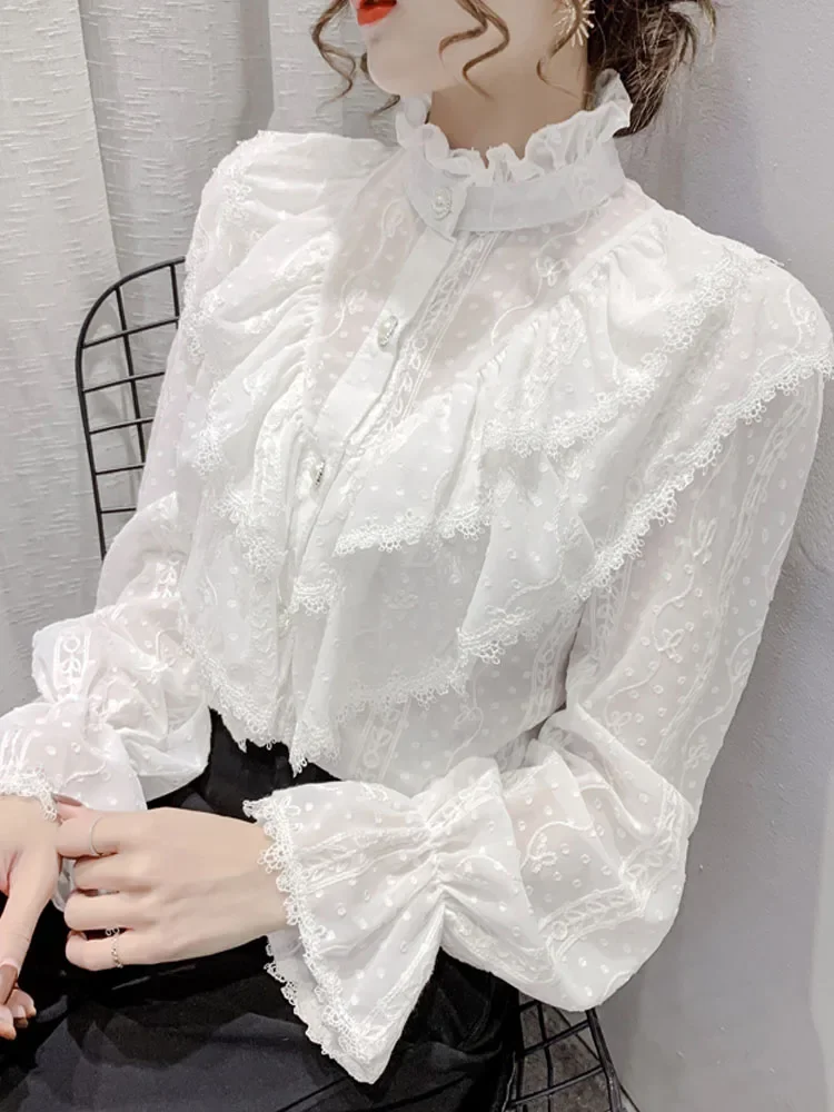 Spring Fashion  Long Sleeve Loose Button Women Shirt Elegant Stand Collar Pleated Tops Casual Ruffle Lace Blouse Blusas 15832