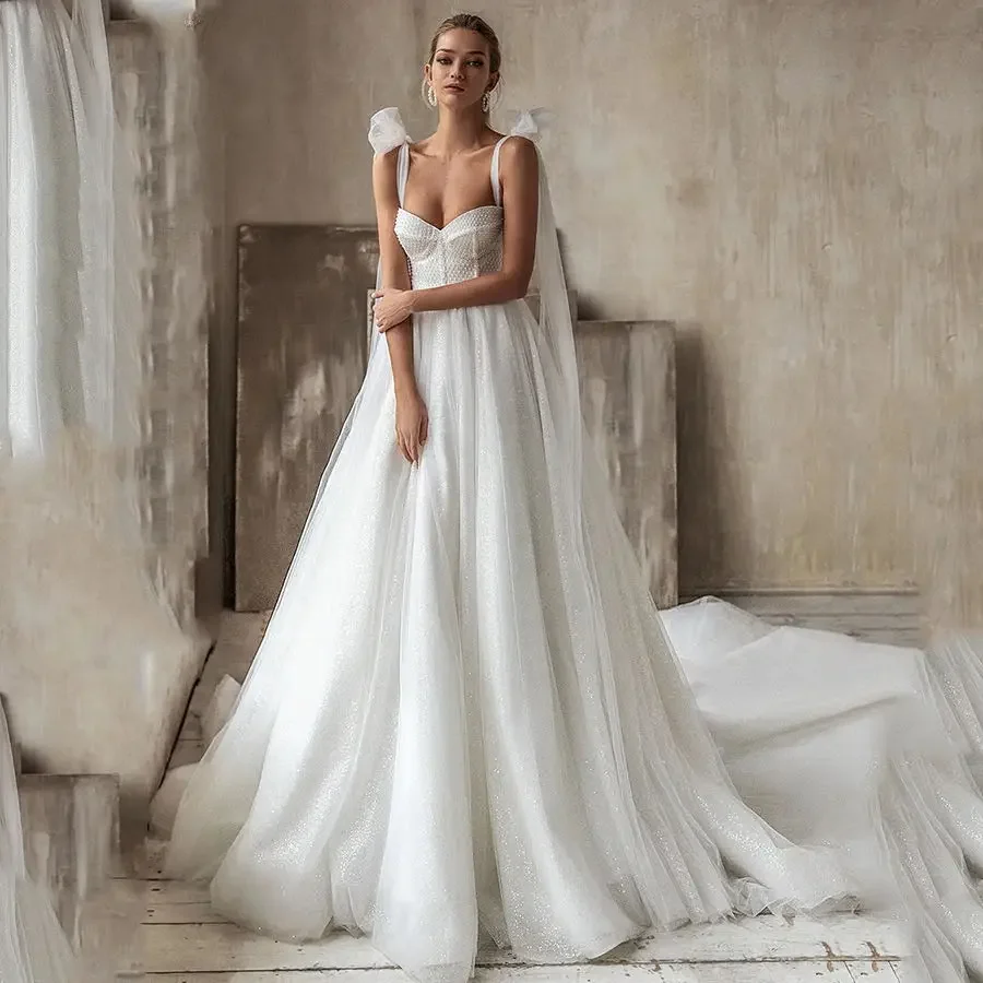 

Glitter Custom Made Wedding Dresses Boho Sweetheart Spaghetti Strap Tulle A-Line White Ivory Corset 2024 Bride Gown