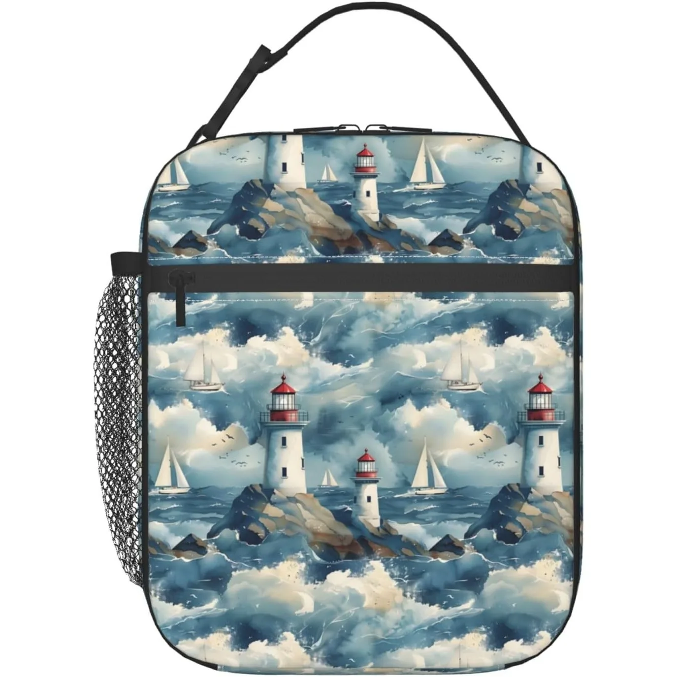 

Lighthouse Pattern Lunch Box for Women Adults Kids, Insulated Cooler Polyester Ocean Lighthouse Lunch Bag