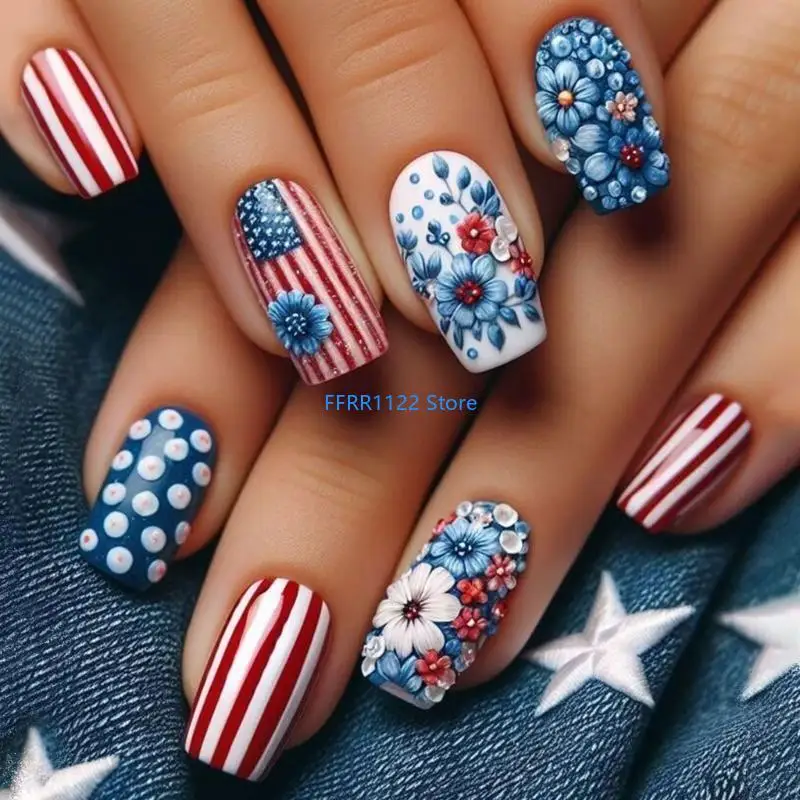 

Y1UF 24 Pieces Patriotic Press On 4th of July False For Holiday Gatherings