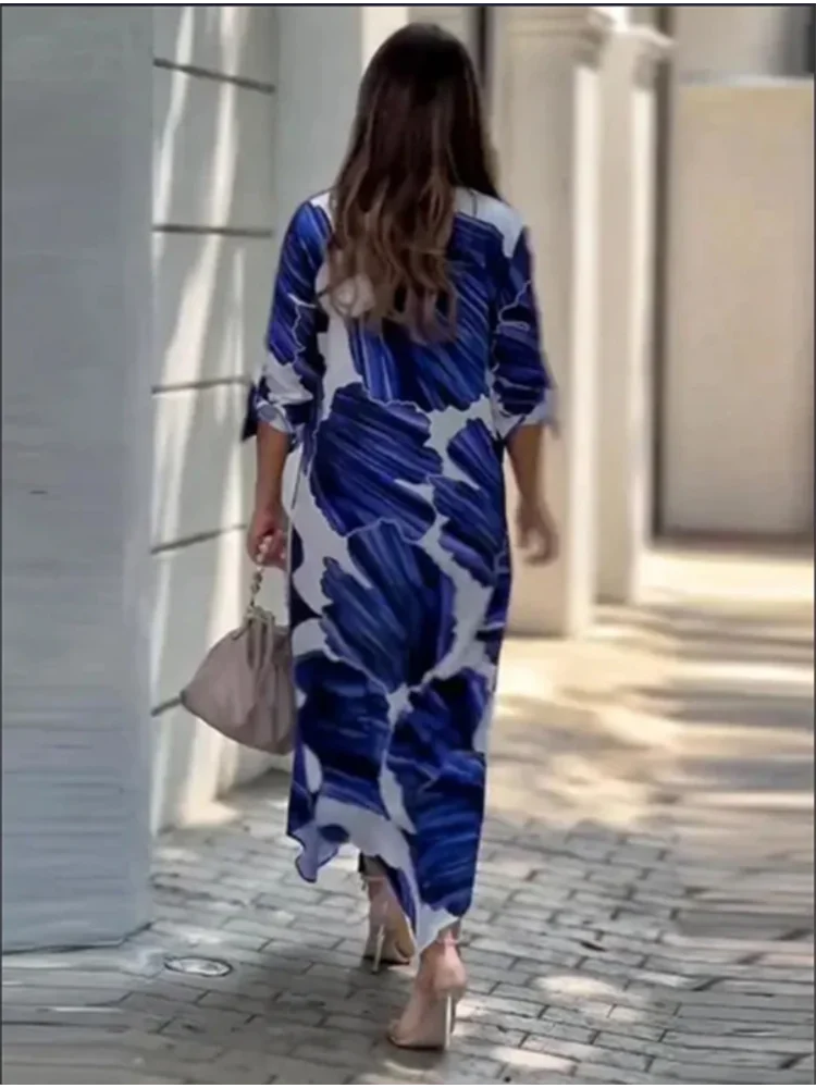 Abito a maniche lunghe con bottoni stampati alla moda Abito da donna con risvolto ampio stile camicia da vacanza Abiti eleganti autunnali