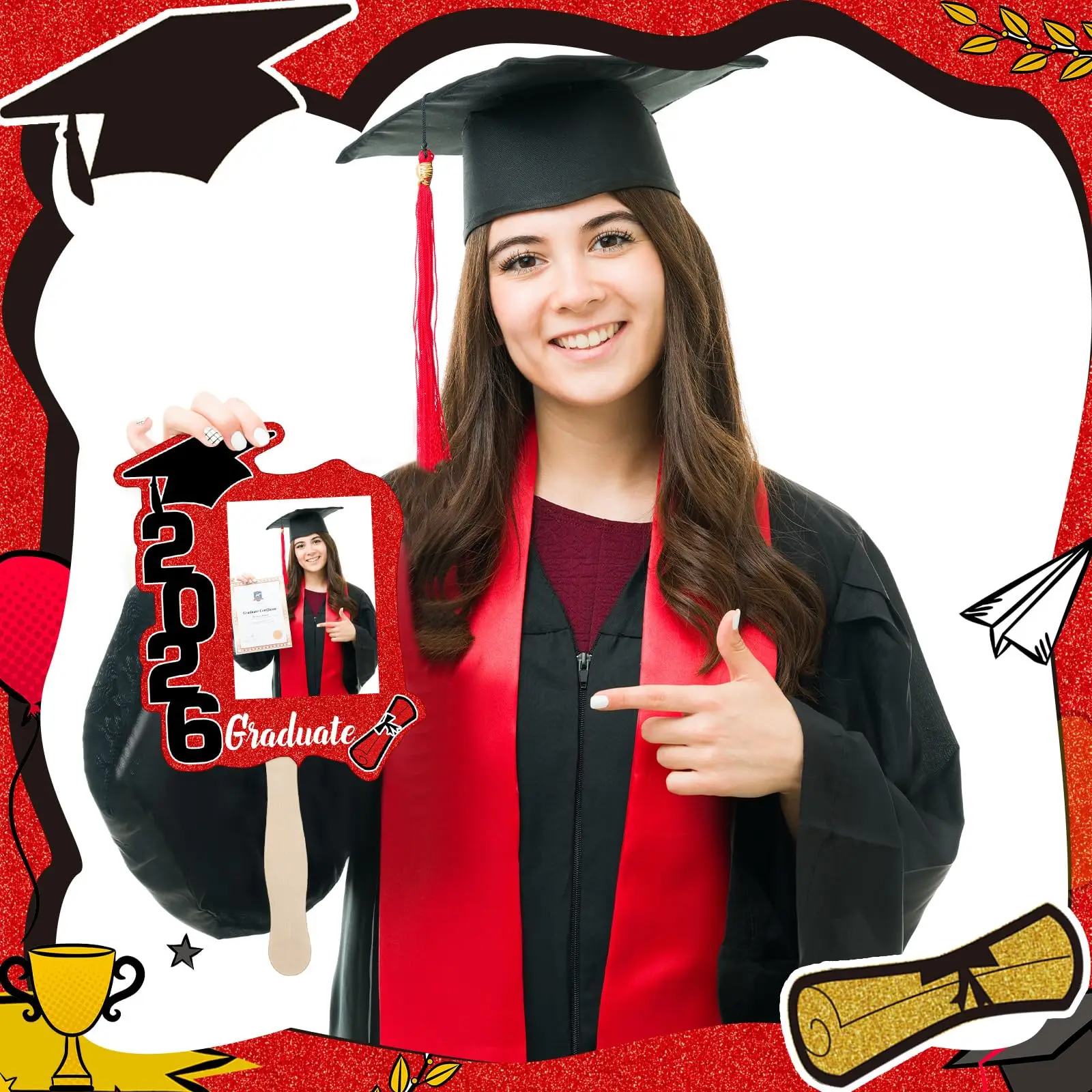 6/12/24 unidades de abanicos con forma de cara recortada para fotos de graduación, de la Clase de 2026, en blanco, DIY, con asa, recuerdos para fiestas de graduación