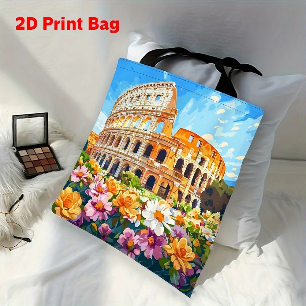 1pc Printed Tote Bag Featuring The Colosseum in Rome Surrounded by Flowers Versatile Handbag Foldable Shoulder Pouch  Ladies Bag