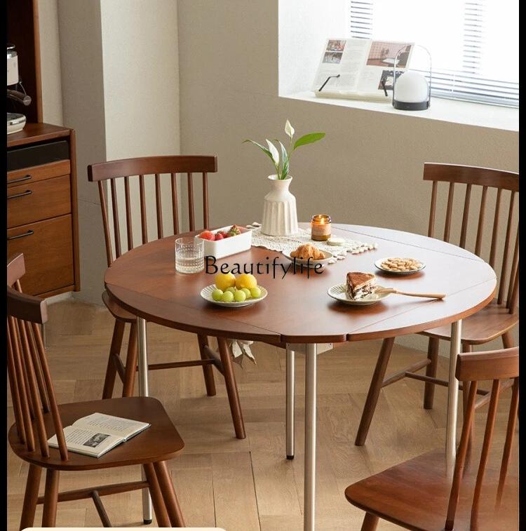 

Solid Wood Round Dining Table Foldable Telescopic Nordic Retro Multifunctional Table