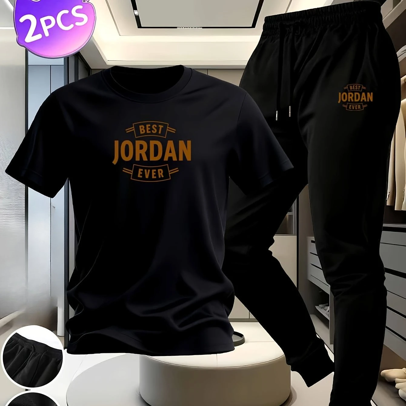 

2026 New Style Men's Breathable Pure Cotton Short Sleeve T-Shirt and Long Pants Set - Unique Print with Slimming Effect