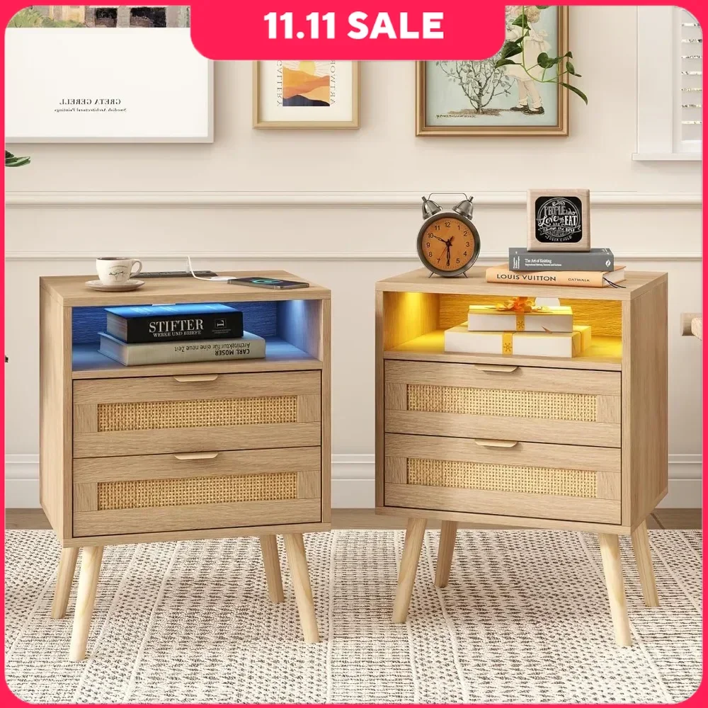 

Rattan Nightstands Set of 2 with Charging Station and Led Lights, End Tables with 2 Drawers Rectangular Nightstands