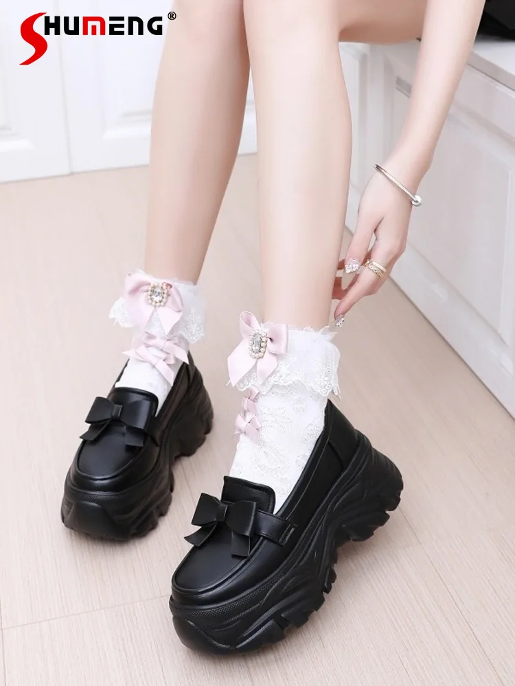 

Japanese Mines Style Mass-Produced Versatile Casual Sport Shoes Round Toe Bow Sweet Cute Black PU Loafers for Women High Heels