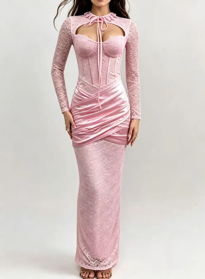 

Corset Waist Backless Lady Women Elegant Chic Bodycon Dress Mid-turtleneck Low Chest Sexy Dresses with Long Sleeves Party Dress