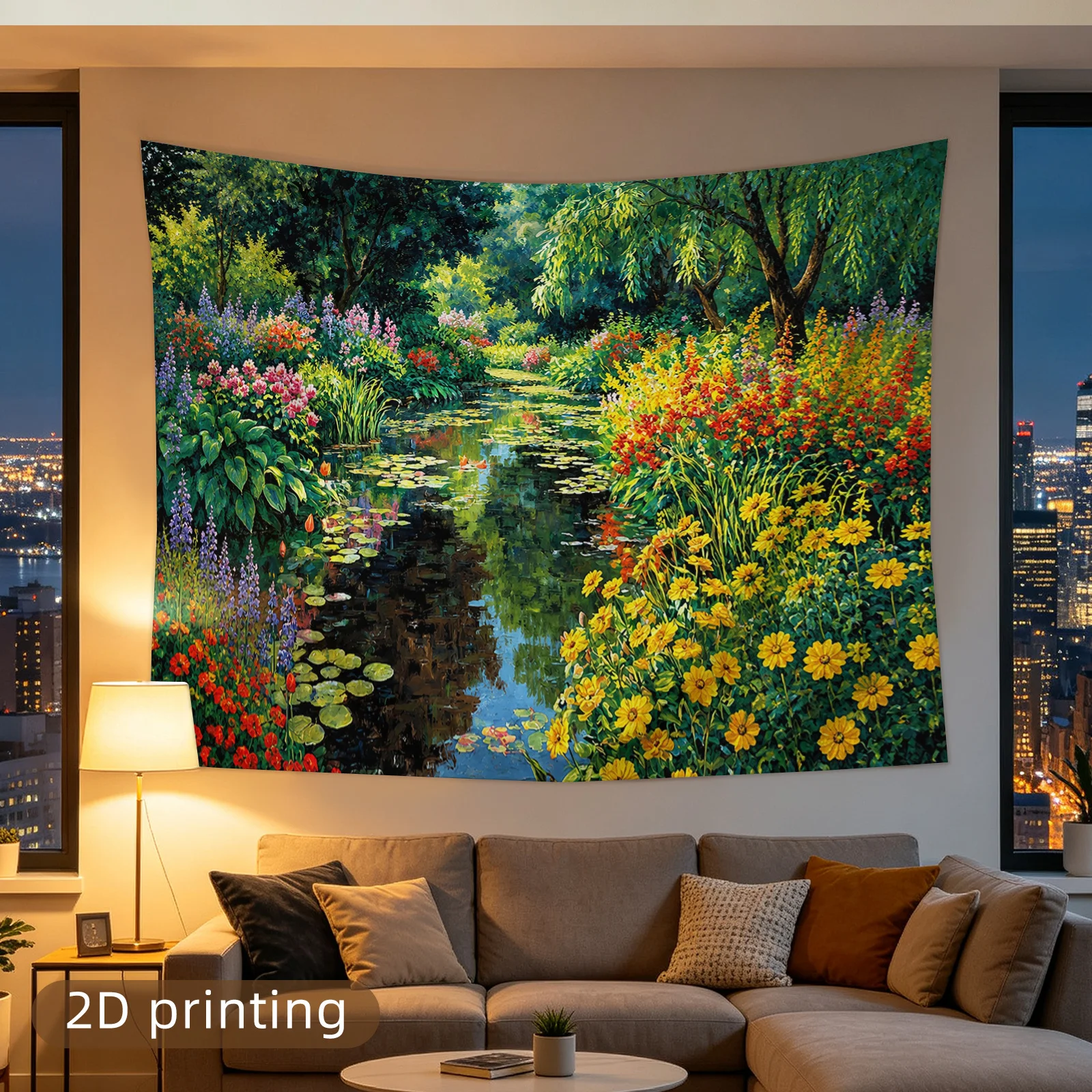 Lush Botanical Garden Tapestry Wall Hanging Nature Landscape Floral Stream Decor Printable Wall Art Poster for Home Living Room