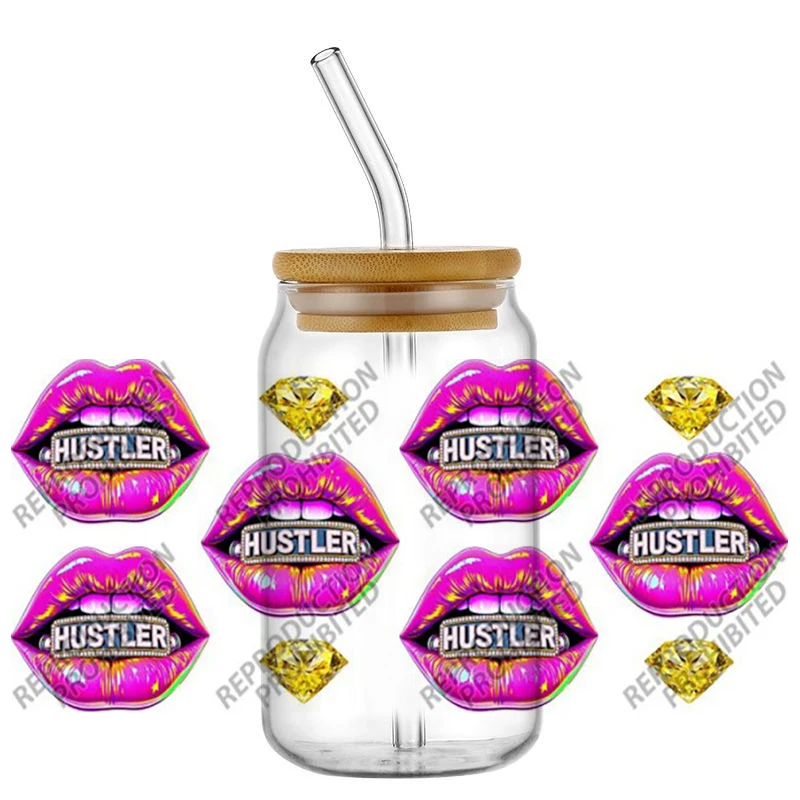 Popular Glam Hustler Money Lips Pattern Uv Dtf Transfer Stickers For 16oz Glass Can Cup Mug Car Diy Decals Trendy Cup Wrap Gift