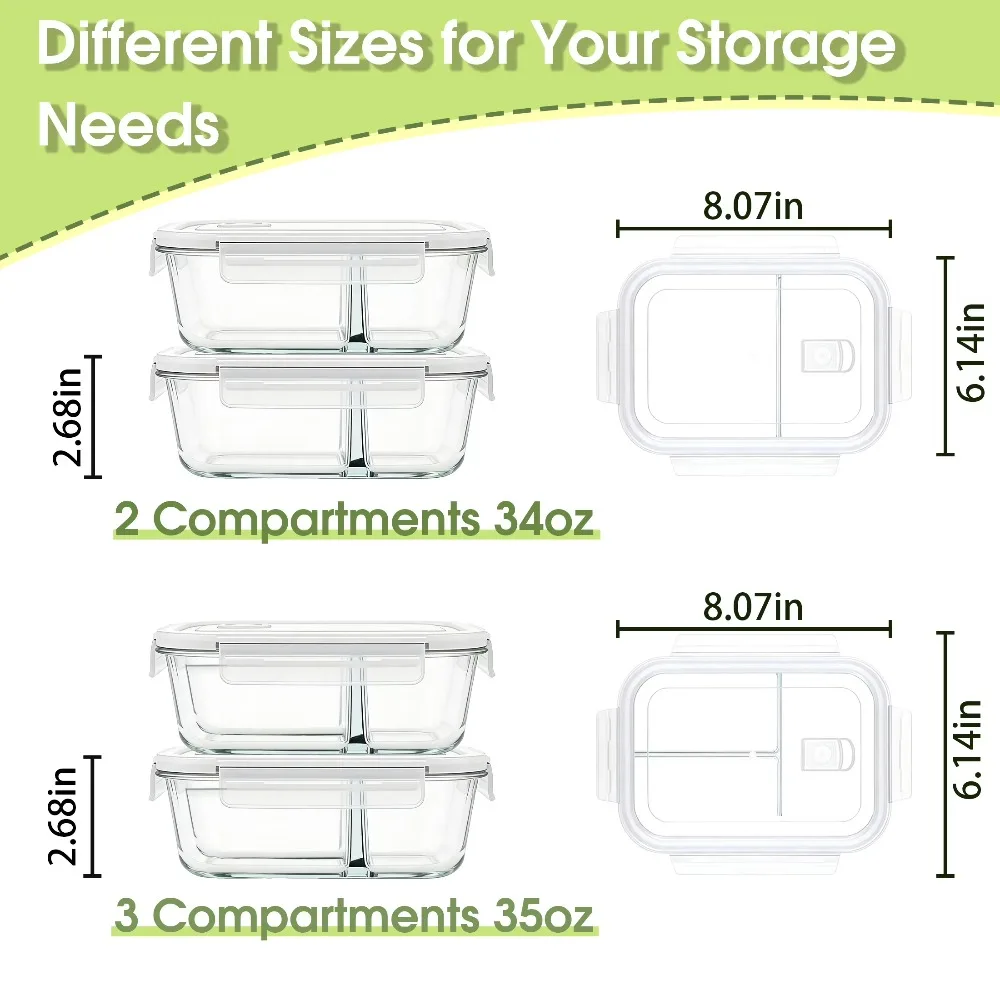 Glass Food Storage Containers with Dividers 8-Piece Meal Prep Set Leak-Proof Bento Lunch Boxes Microwave Oven Dishwasher Freezer Safe Glass Tupperware view 2