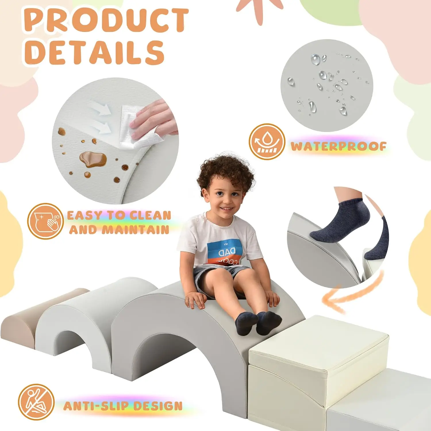 Conjunto de jogo macio arco-íris, brinquedos de escalada macios para crianças com escorregador dobrável, blocos de espuma macia para bebês internos para escalada e crawli