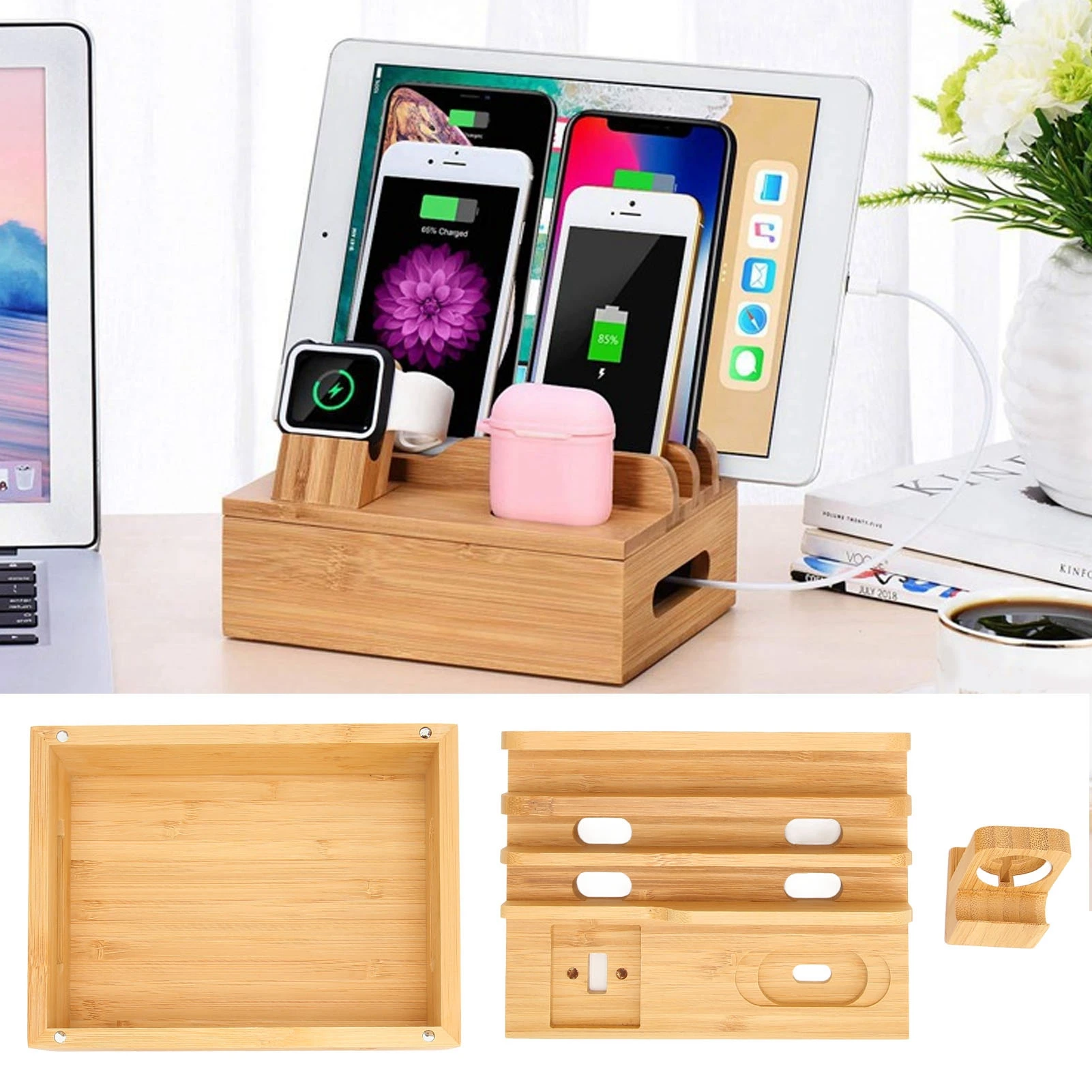 Bamboo Multi Devices Charging Station Charging Dock Stand Rack for Phone Tablet Watch Bamboo Tablet Charging Station