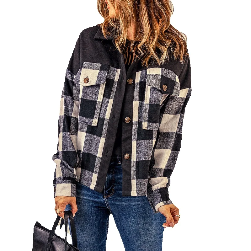 

Shi Ying Black Plaid Spliced Jacket Women's Pocket Button Long Sleeve Cardigan Shirt 8512627