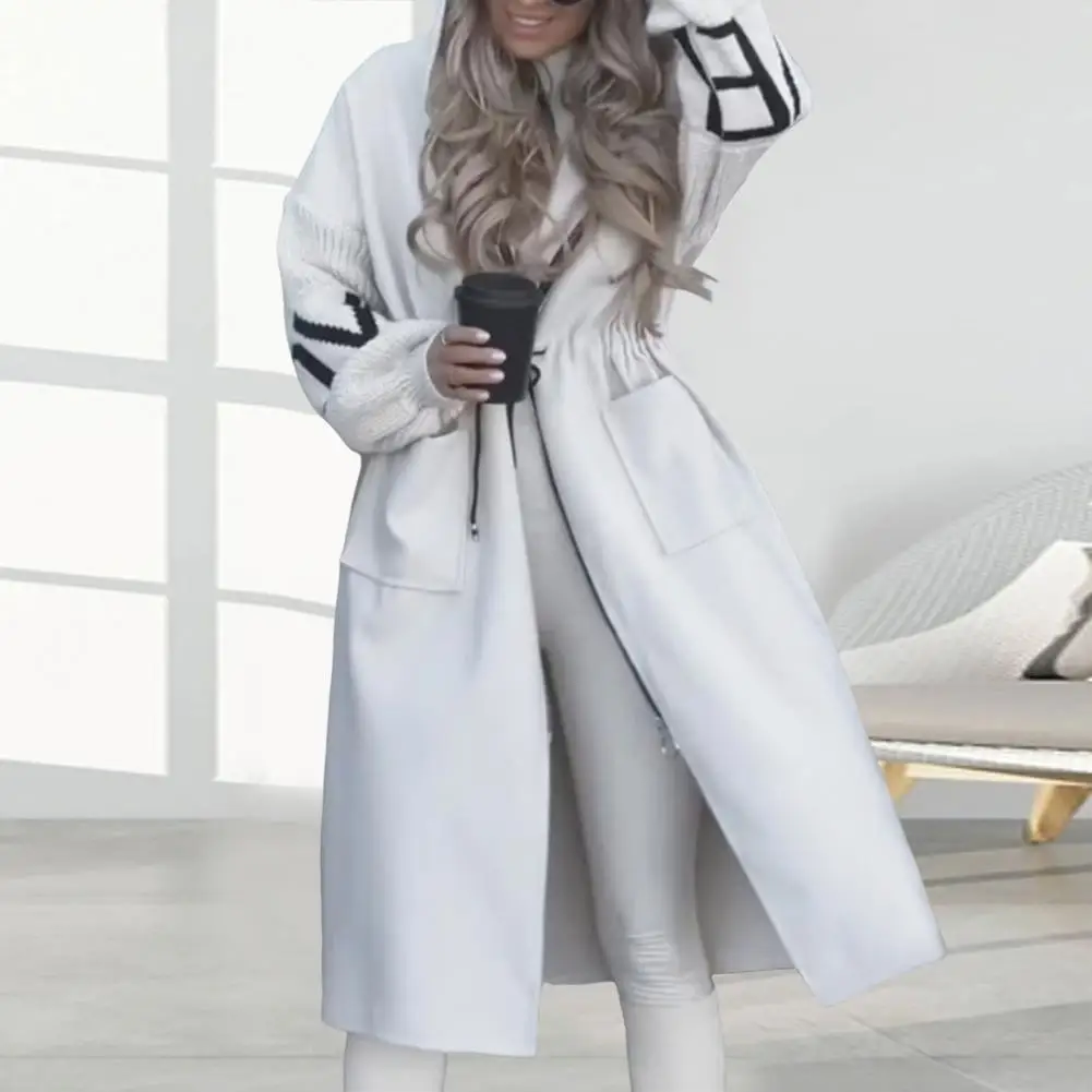 

Long Hooded Coat Solid Color Long Coat Stylish Women's Winter Coat with Hood Patchwork Knitted Sleeves for Cold for Women