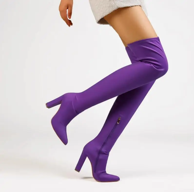 Sexy Solid color Neon yellow green Purple Lycra Thigh Boots 10 cm Block heels Pointed Toe Over the knee Stretch Sock Boots Woman