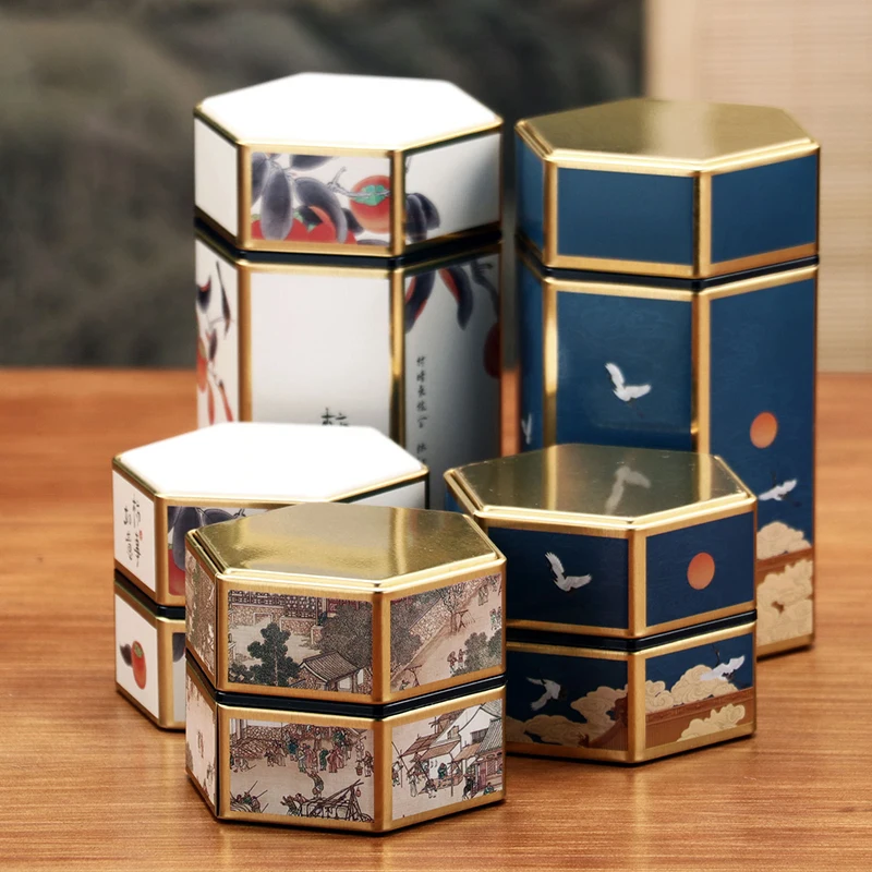 Creative Hexagonal Teapot Tin Can Chinese Tinplate Tea Storage Tank Sealed Portable Tea Box Empty Can Tea Set Accessories