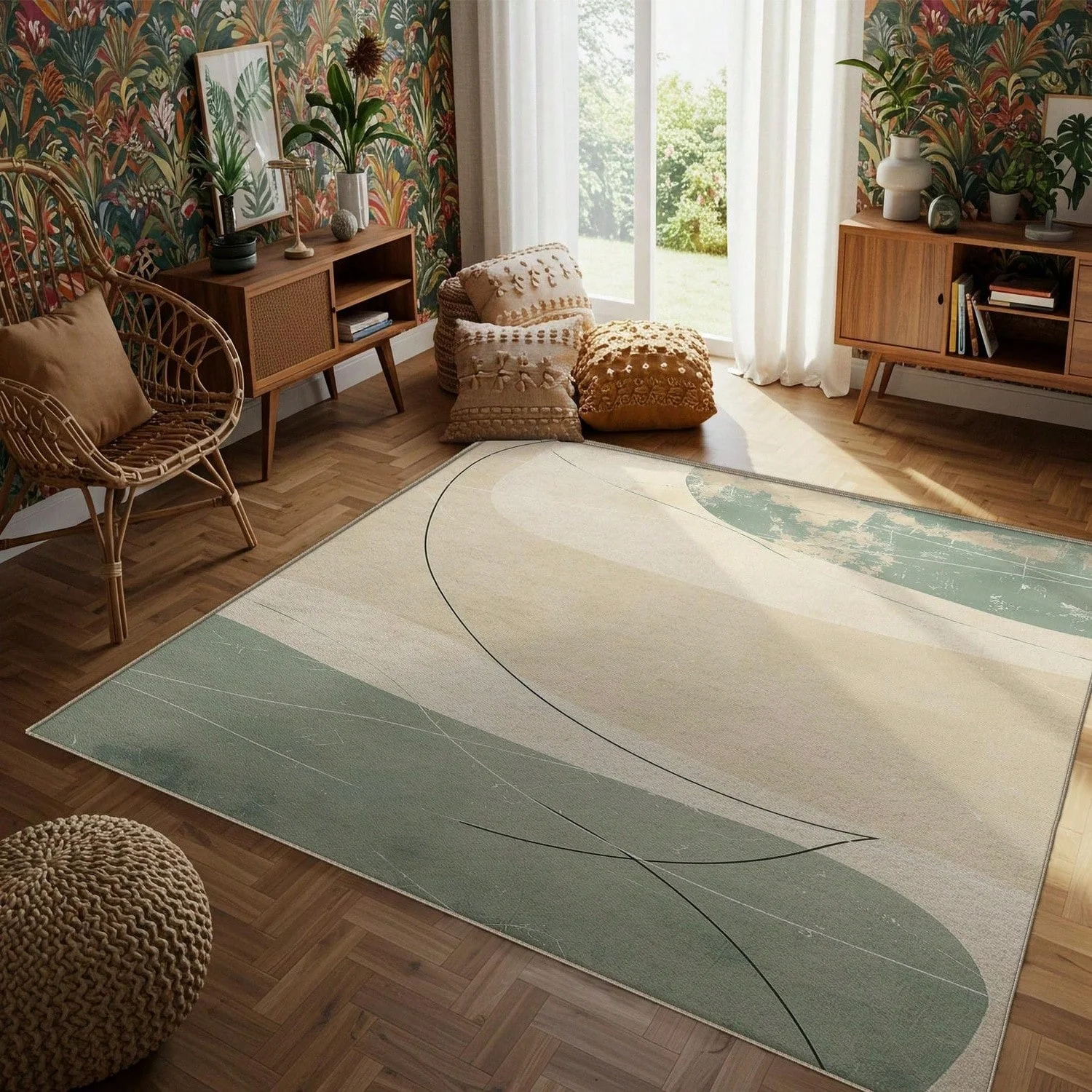 Sage Green Abstract Pattern Carpet, Modern Living Room.