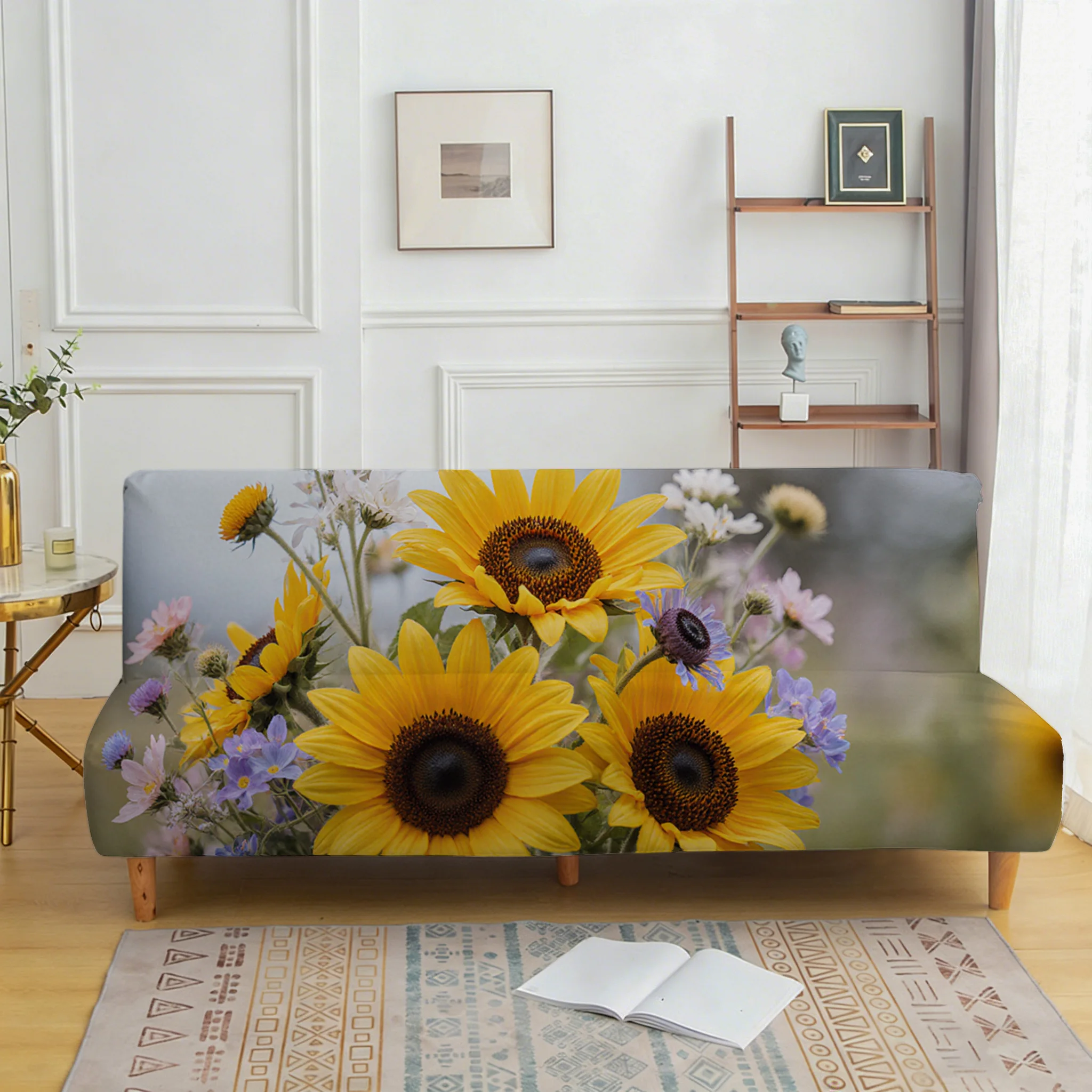 Big flower sunflower armless elastic sofa bed cover, non-slip and anti-grab furniture protective cover, easy to install
