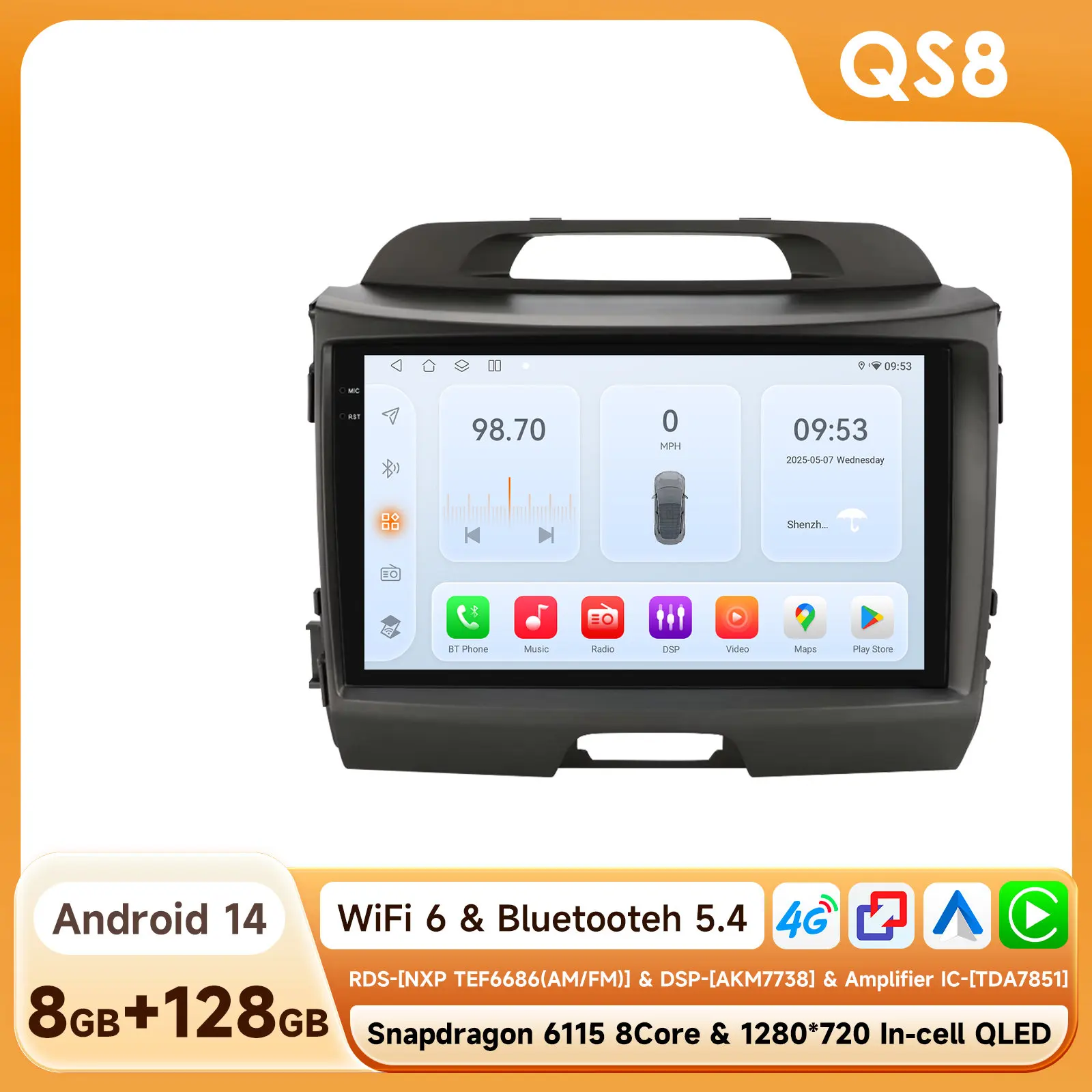 

2din Carplay Android 14 Автомобильный радиоприемник для KIA Sportage 3 2011 2012 2013 2014-2016 Мультимедийный плеер от Snapdragon 6115 GPS Стерео