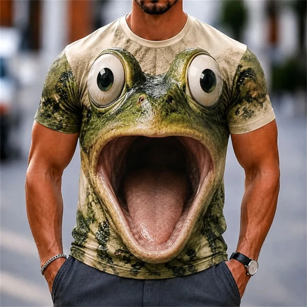 Herren-T-Shirt mit 3D-Druck und Stickerei, Rundhalsausschnitt – Lustige Kuh mit großem Gesicht, realistische Cartoon-Tiermuster, lässiges Party- und Elternhemd – Detail 11