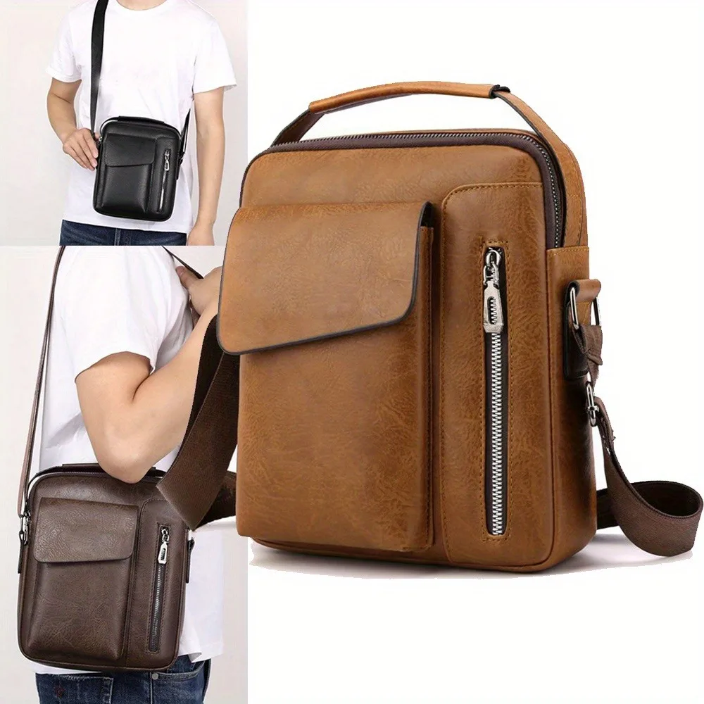 

1pc Messenger Bag Men's Shoulder Bag, Vintage Faux Leather Vertical Hand Business Men's Casual Bag Satchel Bag