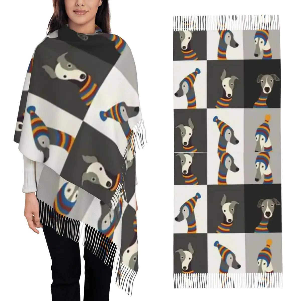 

Шарф с кисточками для женщин, теплые шали и накидки, длинная осенне-зимняя шаль с рисунком борзыка для собак, длинная осенне-зимняя шаль