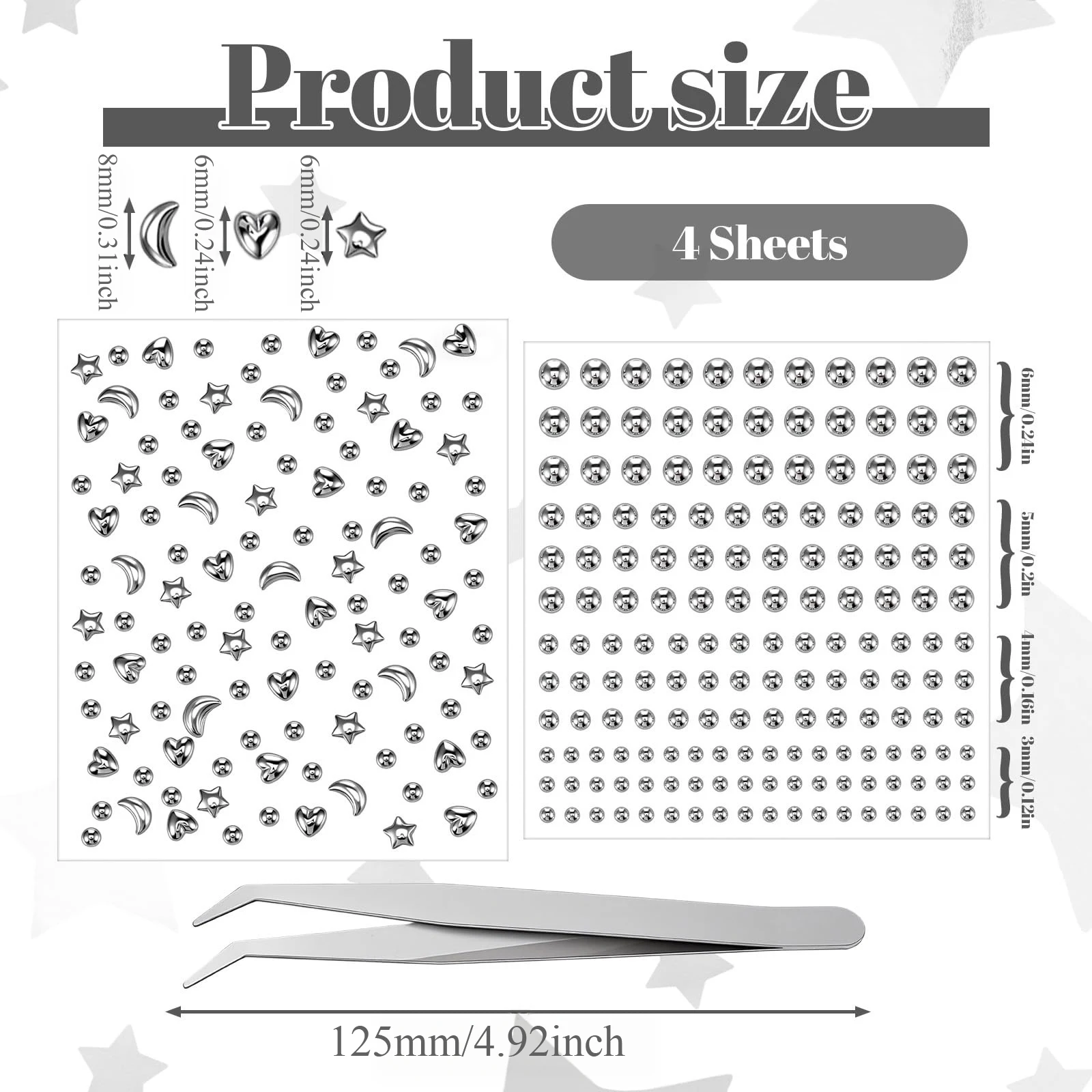 5 Sheets Self Adhesive Star Moon Heart Fake Piercing Face Gem Stickers Set Non-Piercing Nose Cuffs with Tweezers