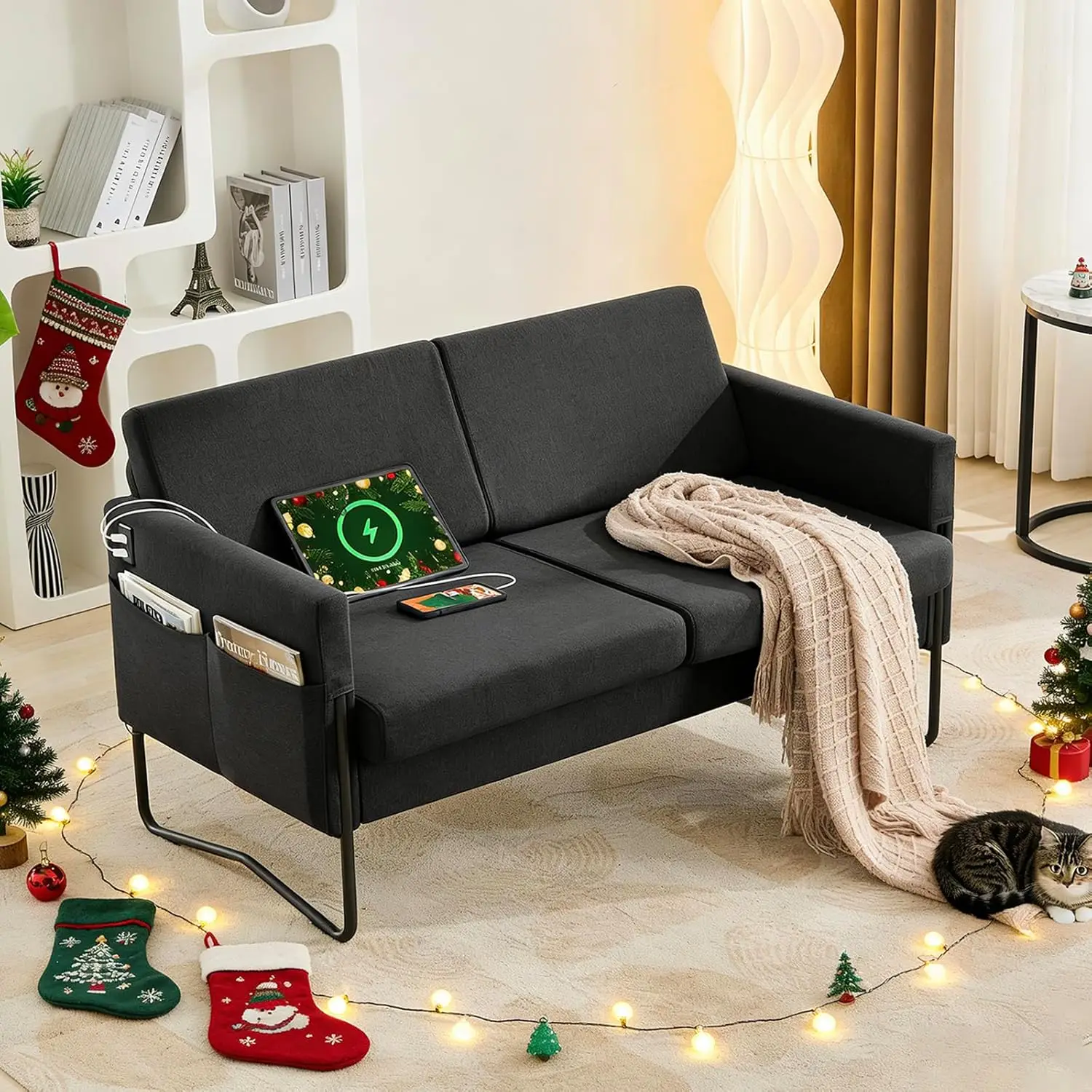 

51-дюймовый небольшой двухместный диван для небольших помещений, удобный черный диван с 2 USB-портами, современные двухместные диваны для гостиной, спальни
