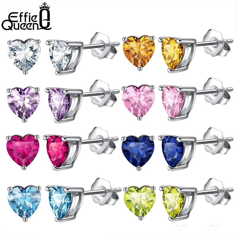 Effie Queen Real 925 Sterling Silver Heart Birthstone Stud Earrings 12 Colors Heart Cut AAAA Cubic Zirconia Earring Gifts APE32