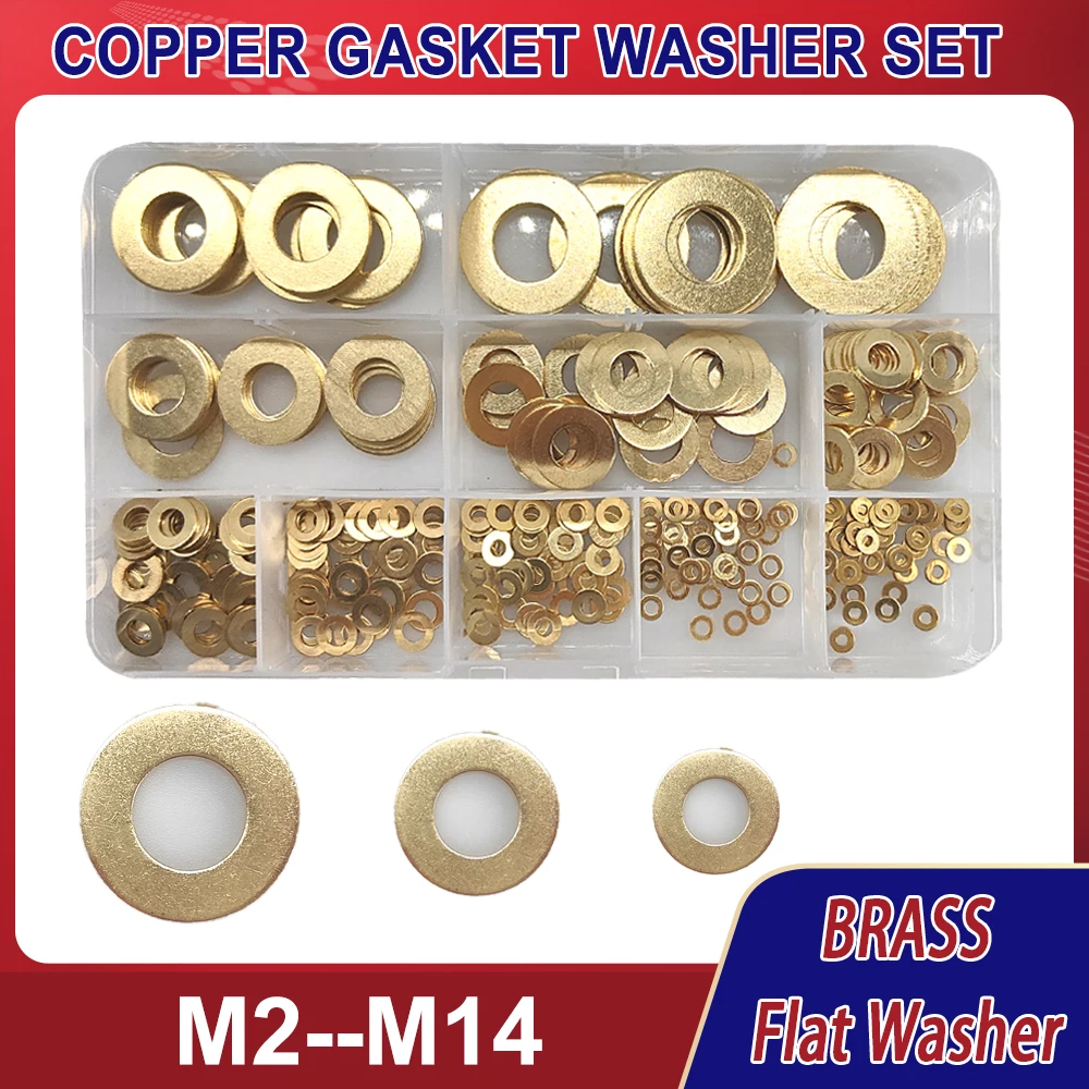 

325pcs M2 M2.5 M3 M4 M5 M6 M8 M10 M12 M14 Metric Brass Flat Washer Copper Gasket Anti Slide Fastener Copper Ring for Screw Bolt