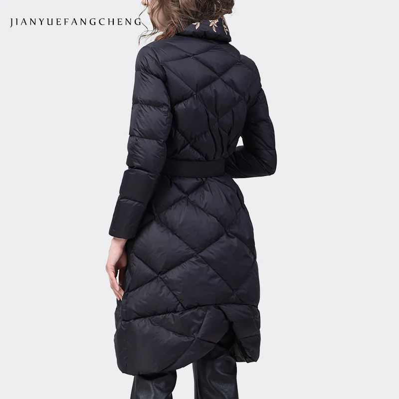 Chaqueta larga hasta la rodilla para mujer, Parkas cálidas y gruesas bordadas con cuello de camisa, abrigos de invierno de plumón de pato blanco