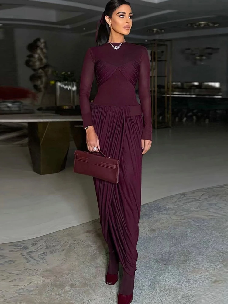 Kliou Maglia Patchwork Abito Lungo Donna o-Collo Manica Lunga Irregolare Increspato Splits Orlo Midnight Prom Party Elegante Skinny Abiti