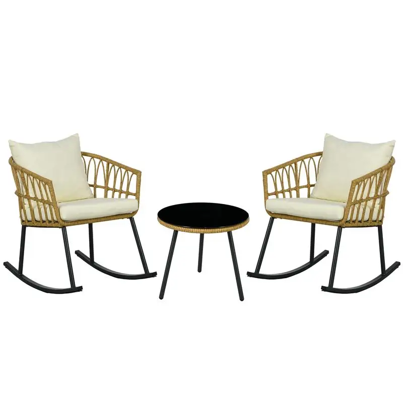 

3-Piece Outdoor Bistro Set with Cushions, PE Rattan Rocking Chairs & Glass Top Coffee Table, Cream White