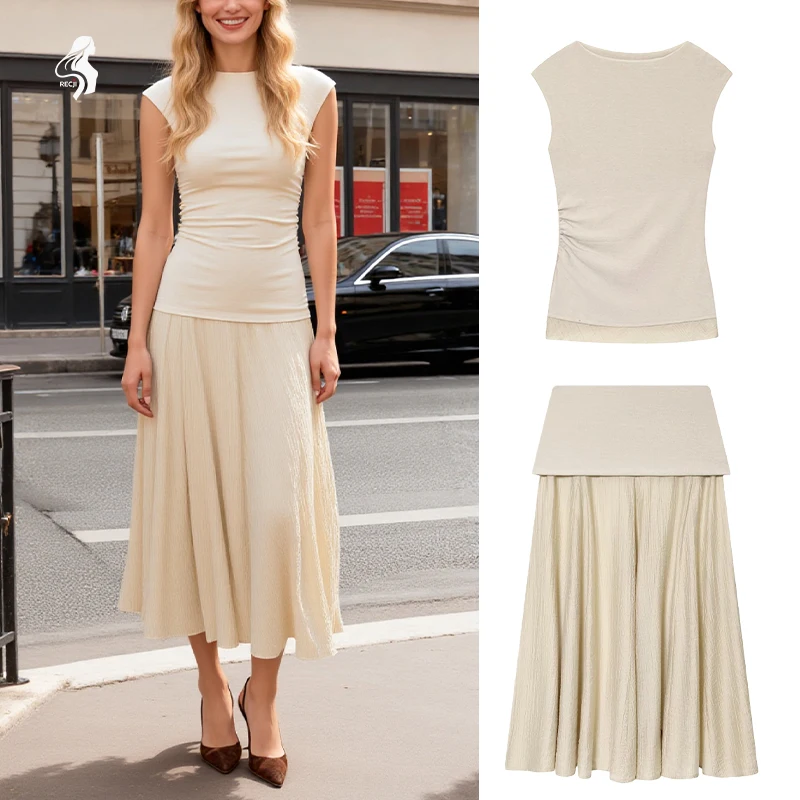 

Женский костюм с юбкой и плиссированным верхом с завышенной талией и плиссированной юбкой средней длины, подходящий для повседневного и офисного ношения