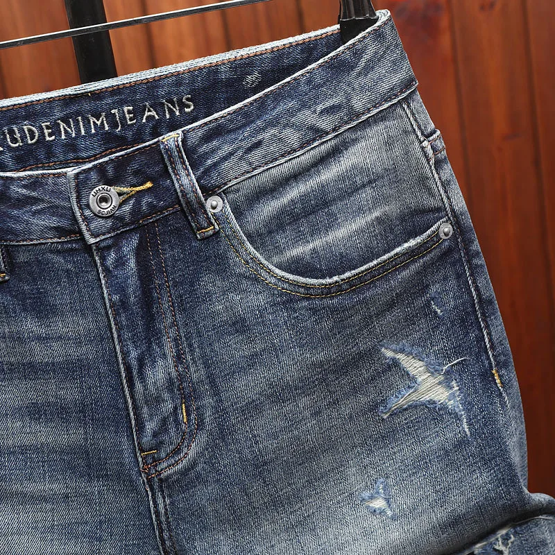 Summer denim shorts, men's ripped patches, scraped retro street trend, fashionable and nostalgic five quarter pants