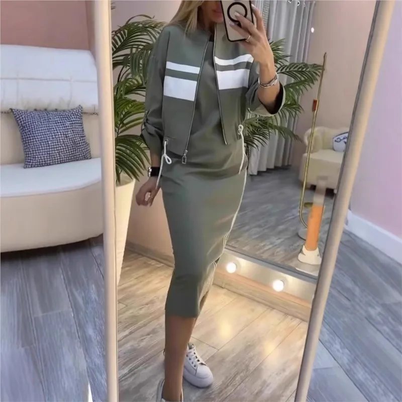 

Fashion Sports Dress Women's Set Striped Printed Jacket Drawstring Short Coat + Straight Dress Two-piece Set Casual Sportswear
