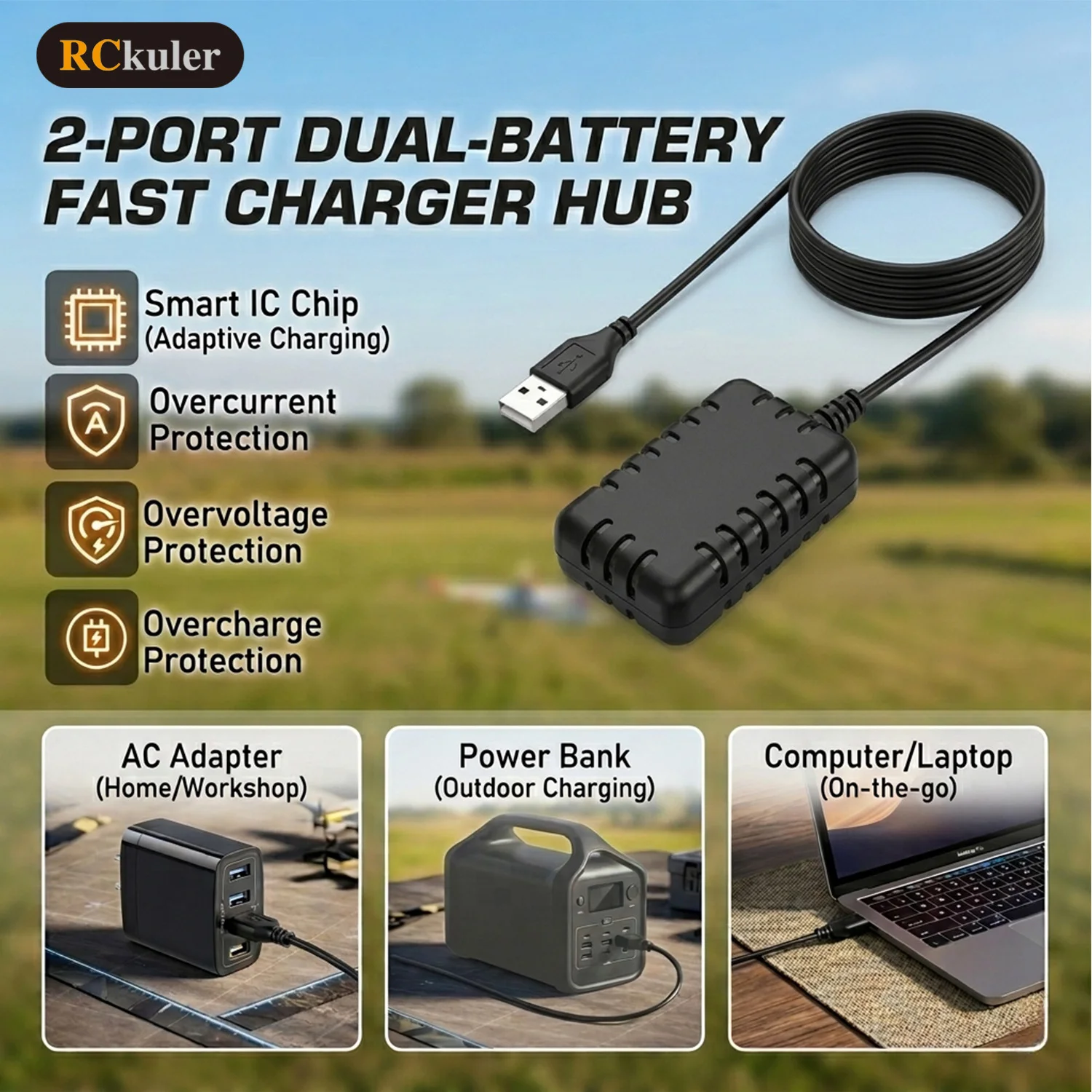 2PCS 7.4V Li-Po 2S 25C 400mAh Rechargeable Battery with 2-Port USB Charger, Compatible with Volantexrc Brushless 500mm RC Plane view 5