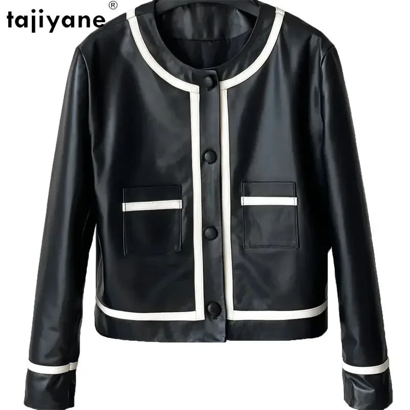 Tajiyane New Real Leather Jacket Women Genuine Sheepskin Leather Jackets Woman Single-breasted Short Leather Coat Round Collar