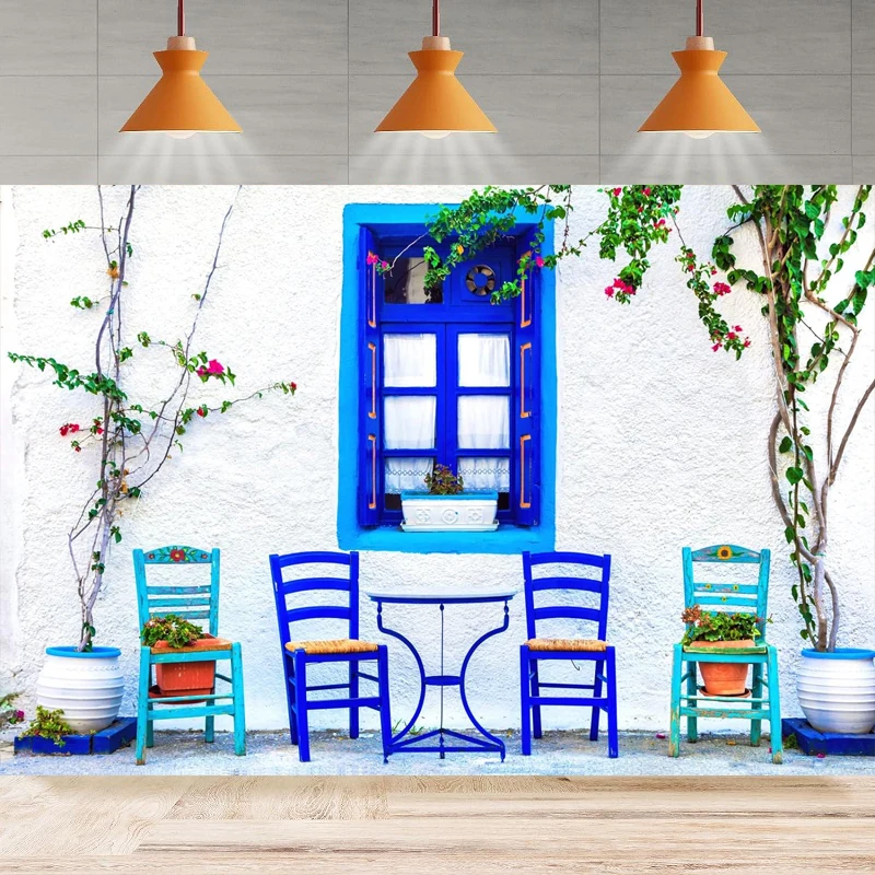 Photography Backdrop Greece Street Tavern Bar White House Wall Blue Window Flowers Background Home Party Decor Poster Banner